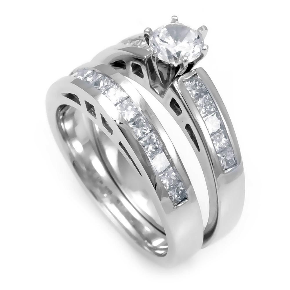 Princess Cut Diamonds Matching Ring and Band in 14K White Gold