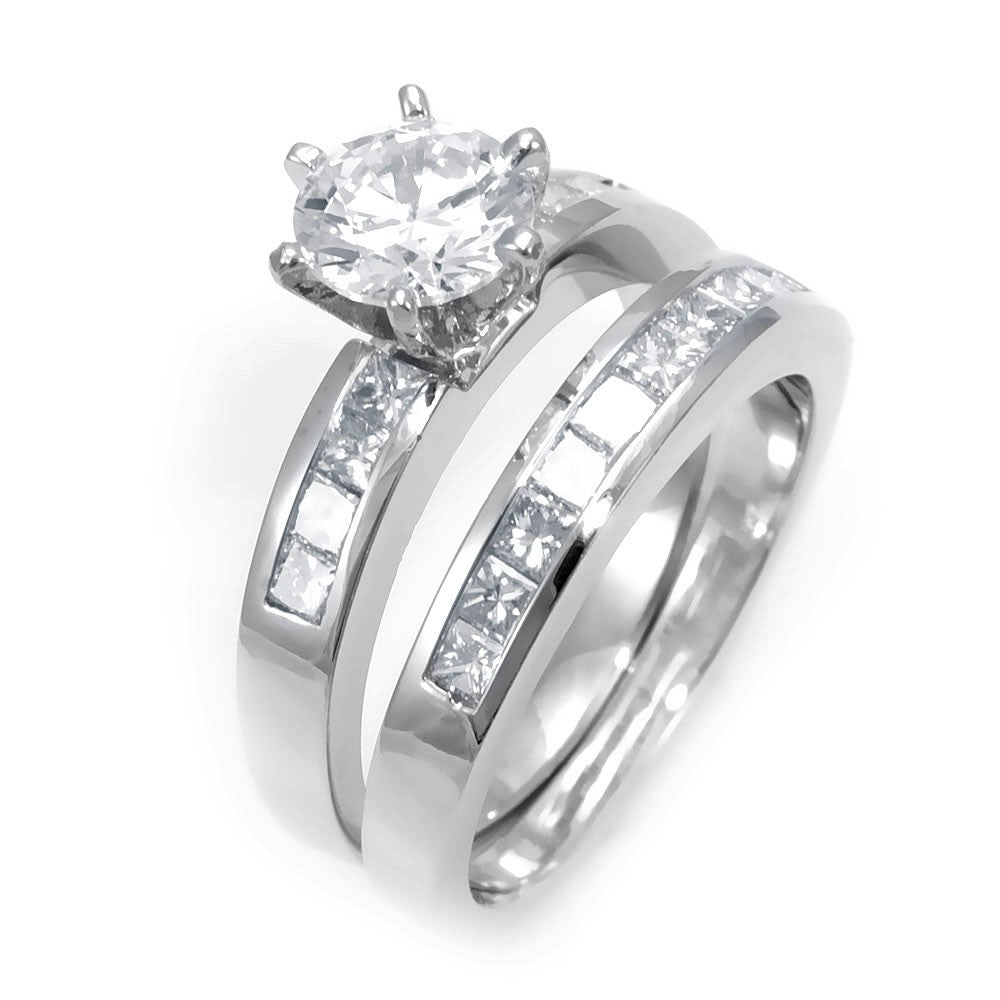 Princess Cut Diamond Ring and Band in 14K White Gold
