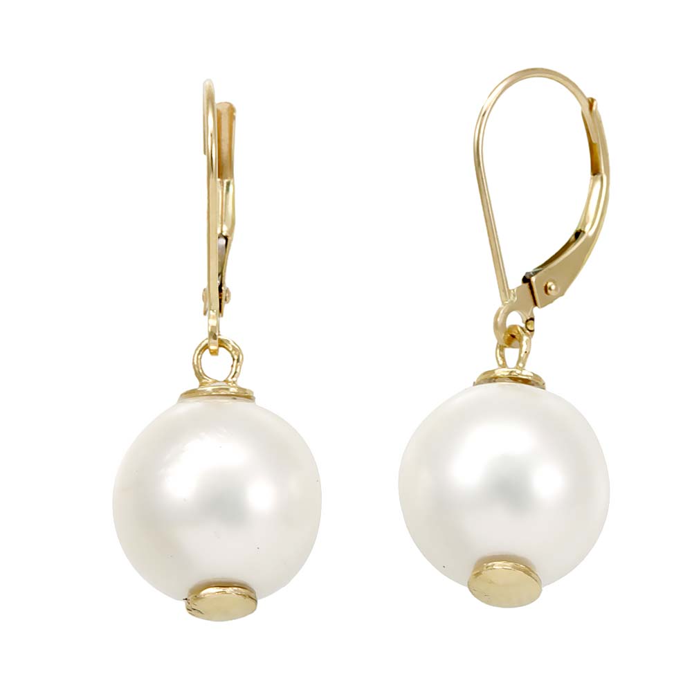 White Fresh Water Pearls Dangling Earrings, 14K Yellow Gold Ladies Earrings Online