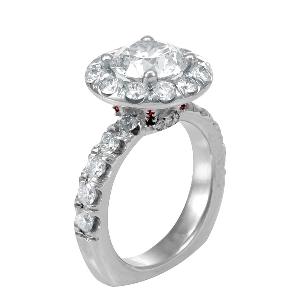 Halo Round Diamond Engagement Ring With Garnet in 14K White Gold