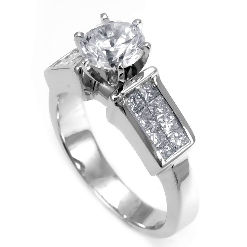 14K White Gold Engagement Ring with Princess Cut Diamond Side Stones