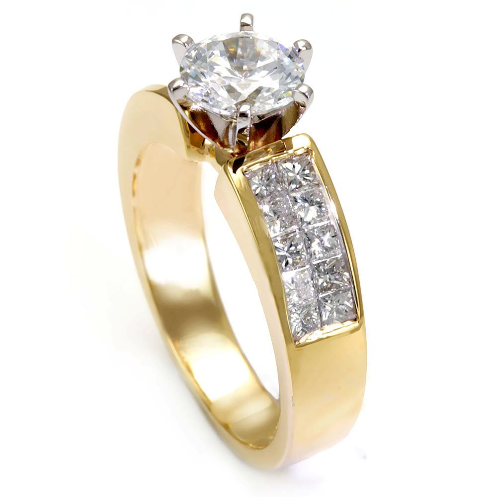 14K Yellow Gold Engagement Ring with Princess Cut Diamond Side Stones