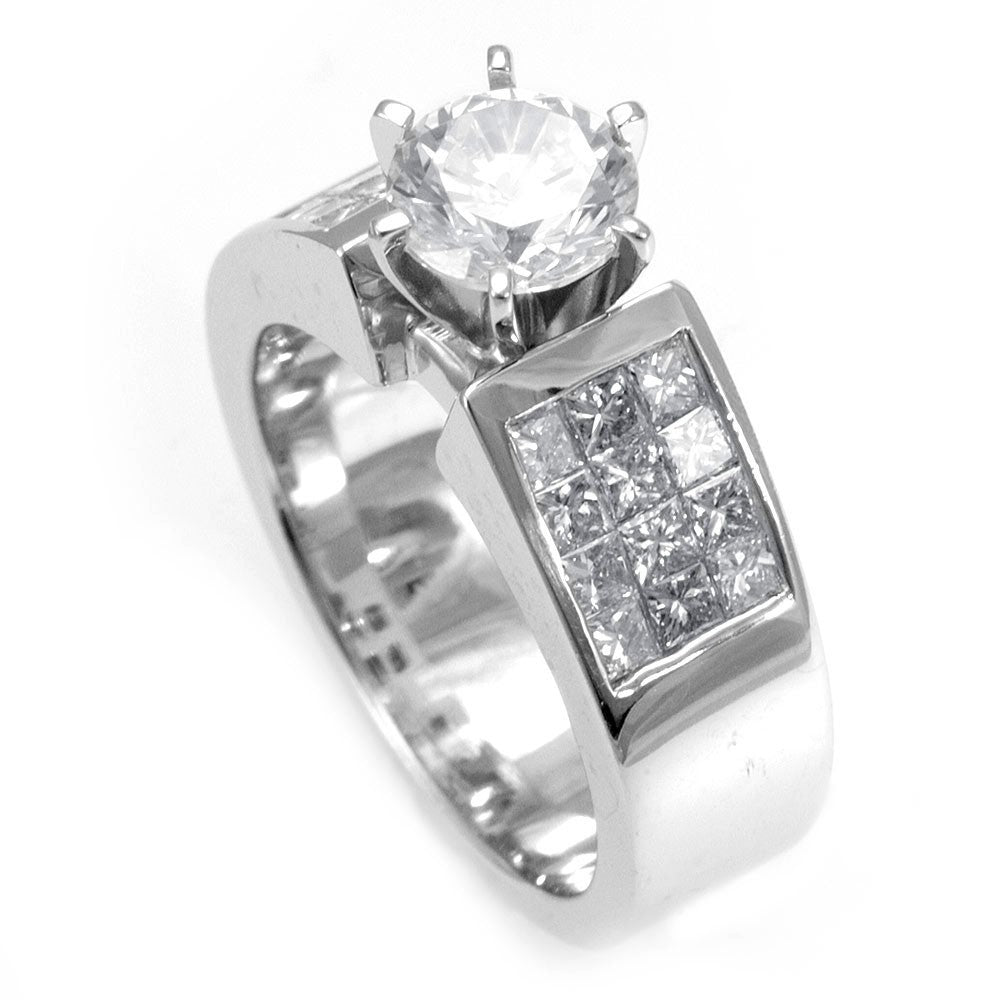 14K White Gold Engagement Ring with Princess Cut Diamond Side Stones