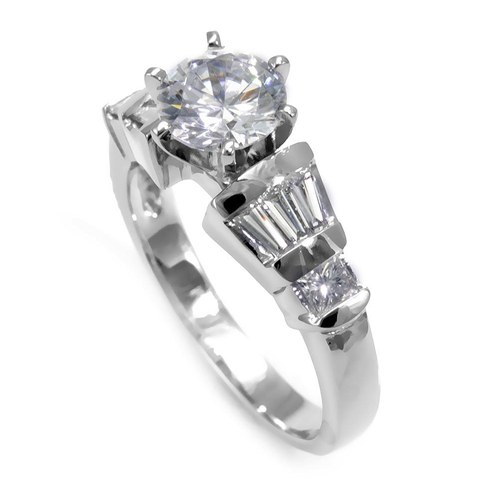 White Gold Engagement Ring with Princess Cut Diamond Side Stones & Baguette