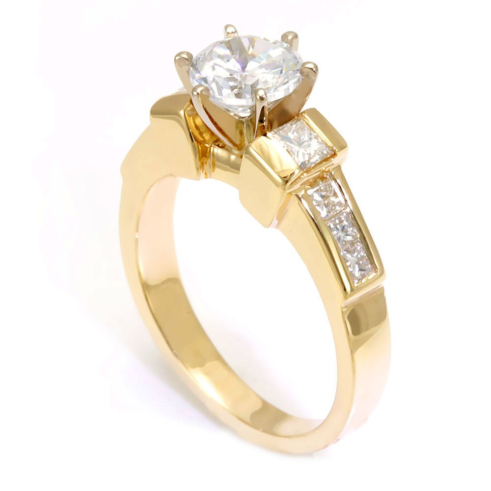 14K Yellow Gold Engagement Ring with Princess Cut Diamond Side Stones