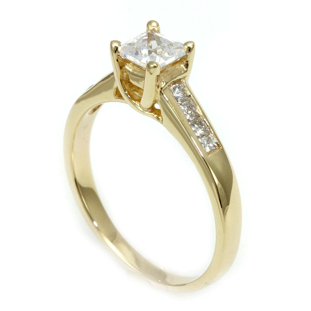 14K Yellow Gold Engagement Ring with Princess Cut Diamond Side Stones