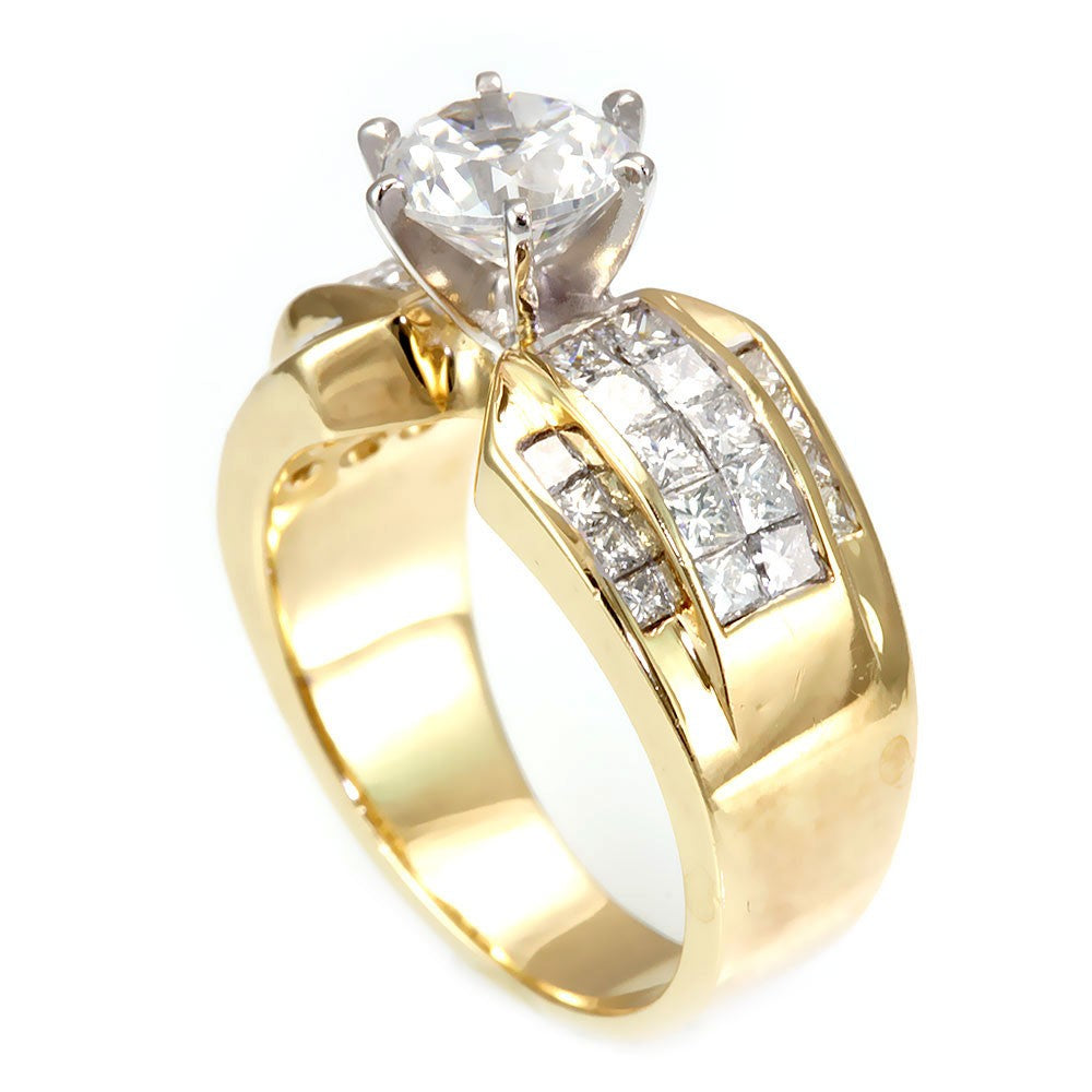 14K Yellow Gold Engagement Ring with Princess Cut Diamond Side Stones