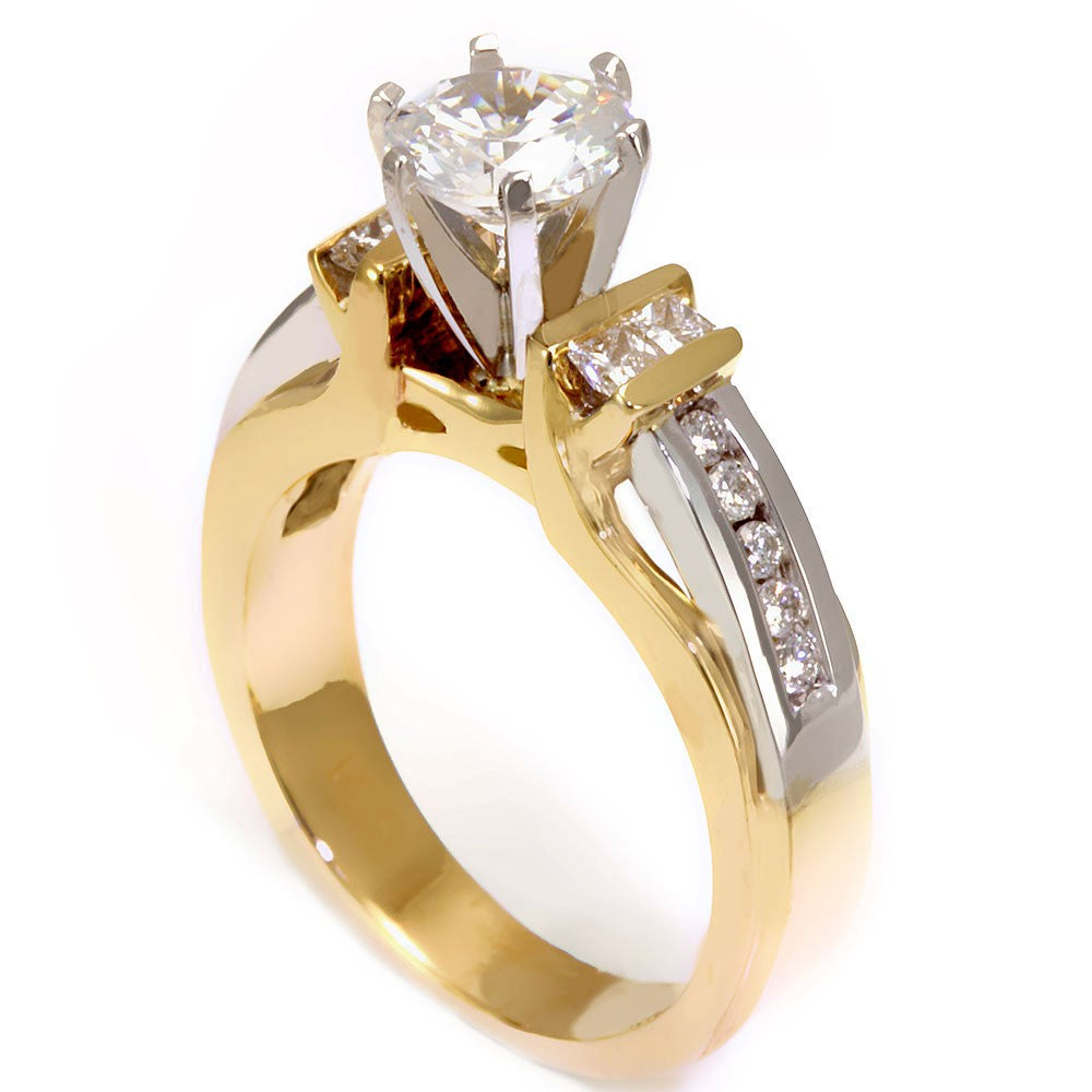 14k Two Tone Engagement Ring with Round and Princess Cut Diamond Side Stones