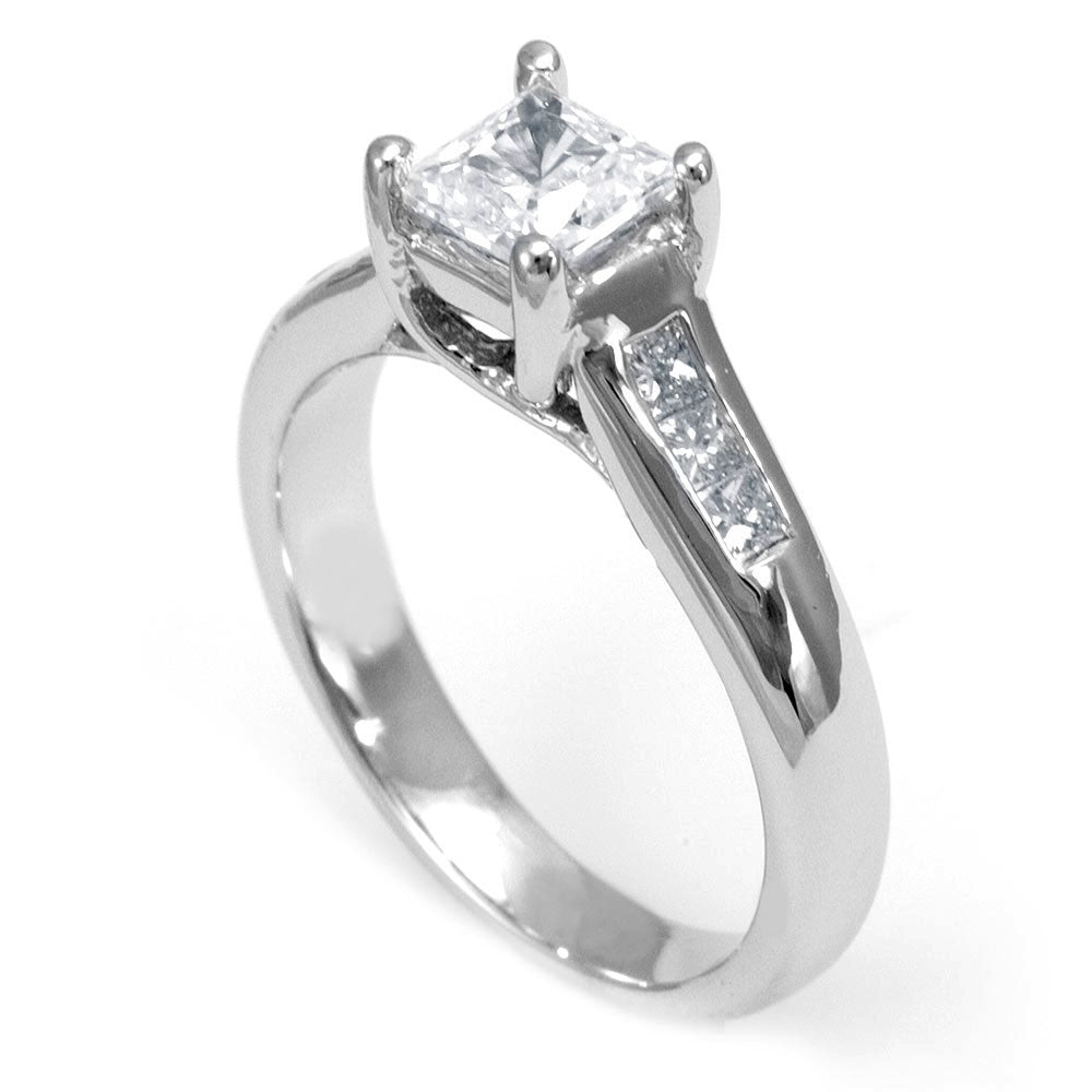 14K White Gold Engagement Ring with Princess Cut Diamond Side Stones