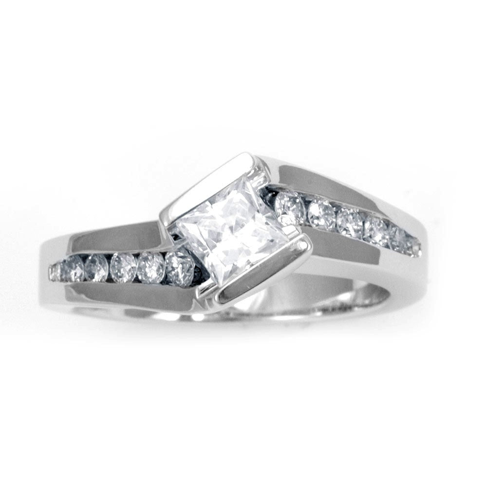 Unique Design Engagement Ring with Round and Princess Cut Diamonds in 14K White Gold