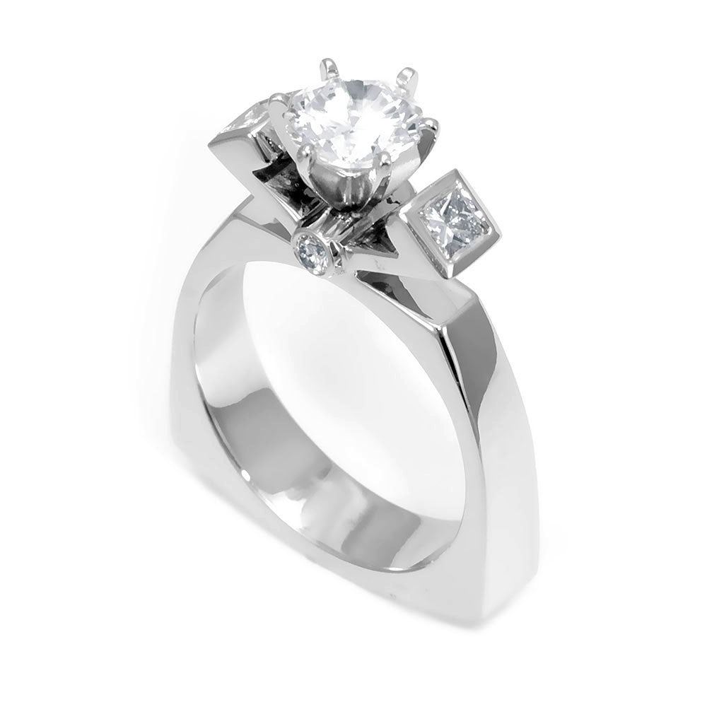 14K White Gold Engagement Ring with Round and Princess Cut Diamonds