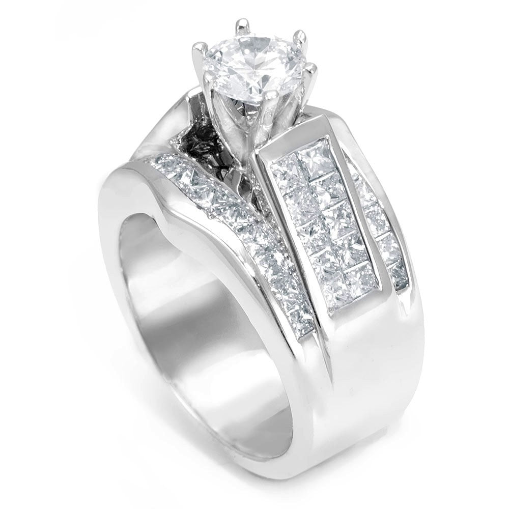 Wide 14K White Gold Engagement Ring with Princess Cut Diamond Side Stones