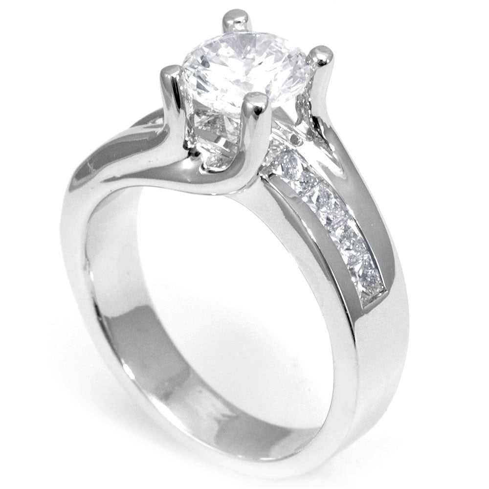 14K White Gold Engagement Ring with Princess Cut Diamond Side Stones