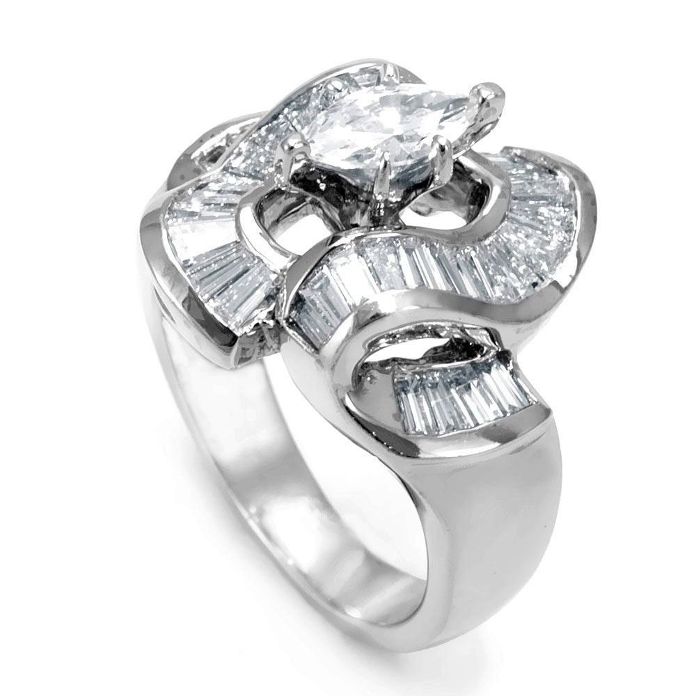 Marquise CZ Center Engagement Ring with Baguette Diamonds in 14K White Gold