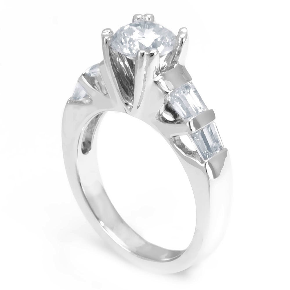 14K White Gold Baguette Diamond Side Stones Engagement Ring