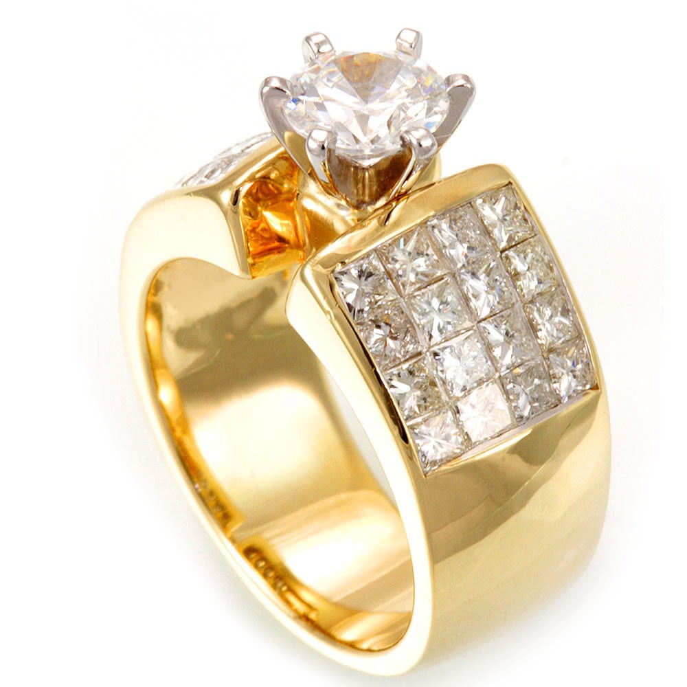 Wide 14K Yellow Gold Engagement Ring with Princess Cut Diamond Side Stones