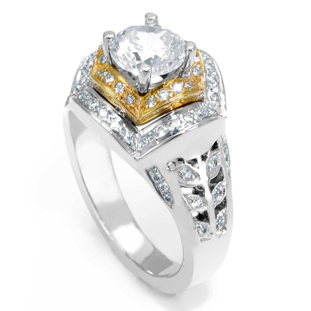 Unique Design Engagement Ring with Pave Set Round Diamonds in 14K Two Tone