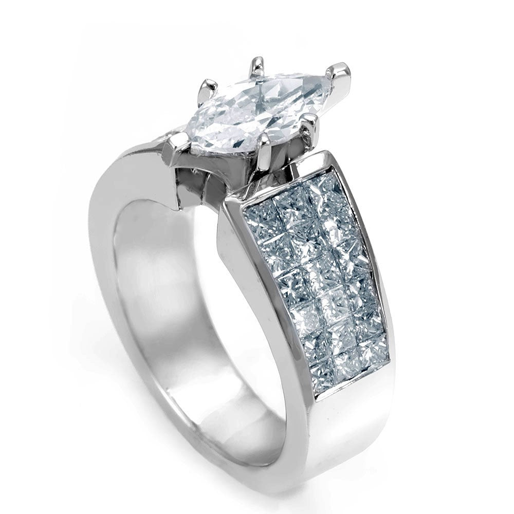 14K White Gold Engagement Ring with Invisible Set Princess Cut Diamond Side Stones