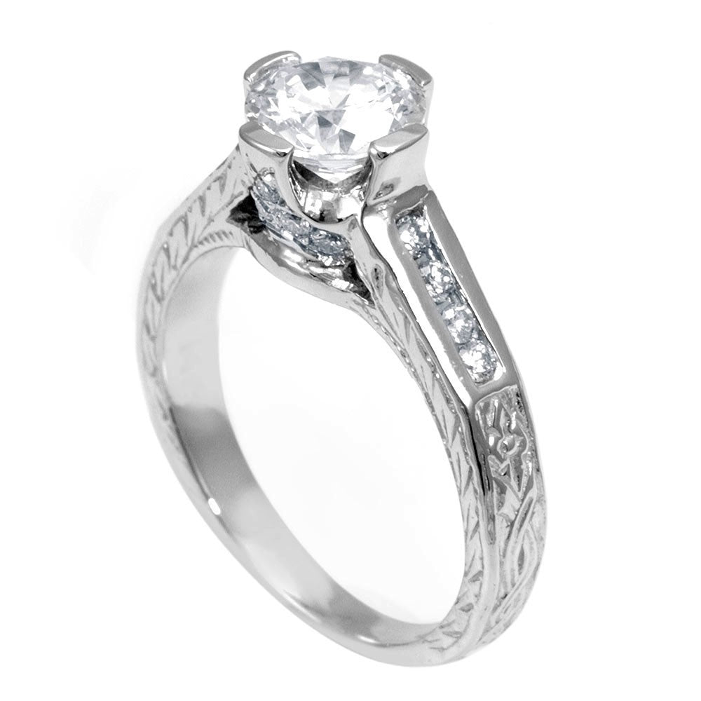 14K White Gold Engraved Engagement Ring with Channel Set Round Diamond Side Stones