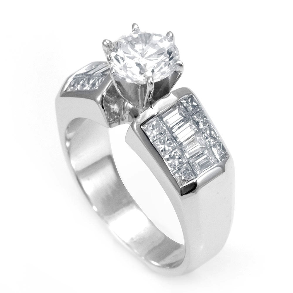 Shop 14K White Gold Engagement Ring with Baguette And Princess Cut Diamond Side Stones