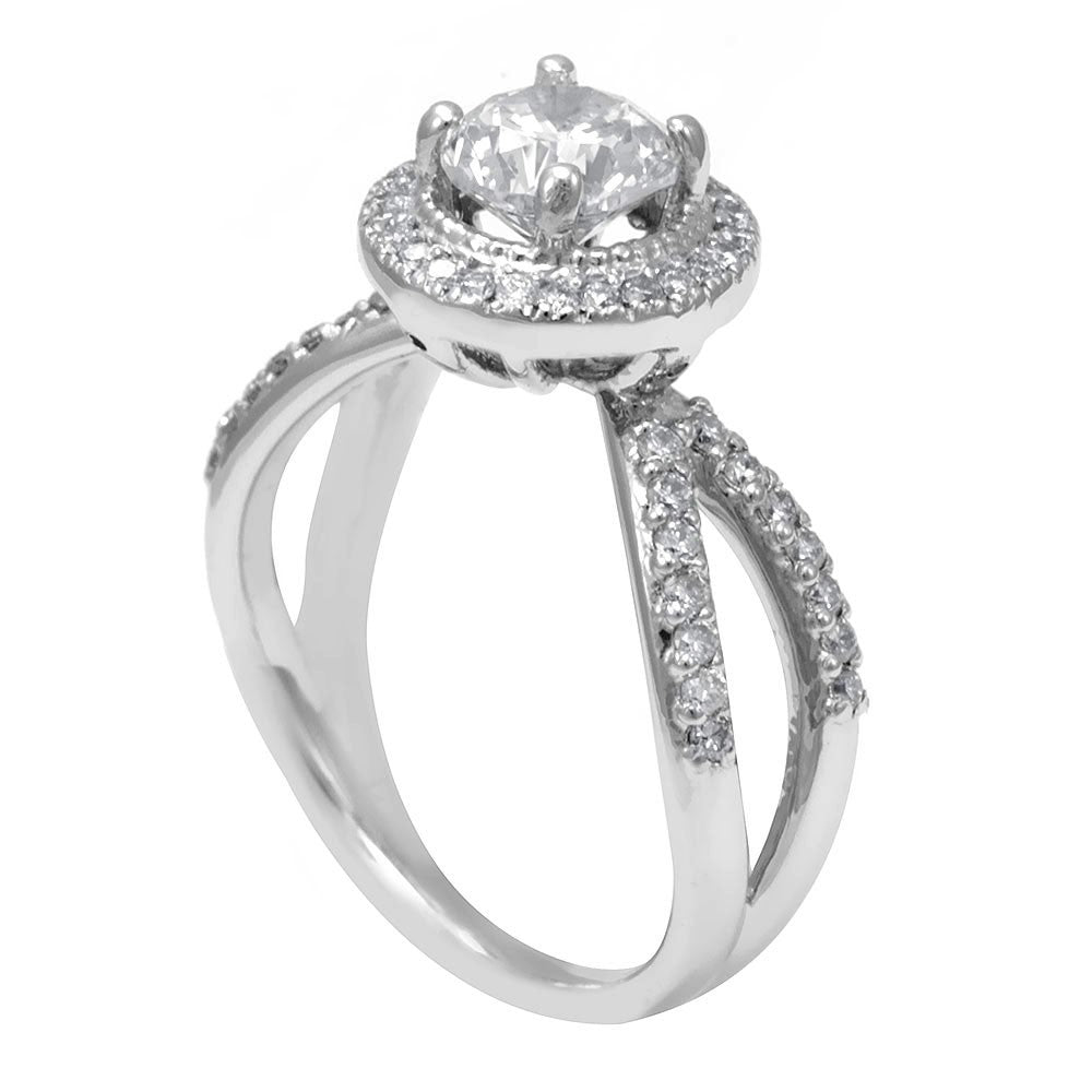 14K White Gold Engagement Ring with Round Diamonds Micro Pave Set in Halo Head