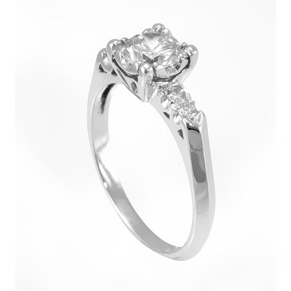 14K White Gold Engagement Ring with Prong Set Round Diamond Side Stones