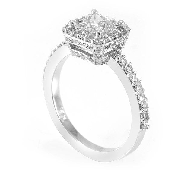 14K White Gold Engagement Ring with Halo Pave Set Round Diamond Side Stones