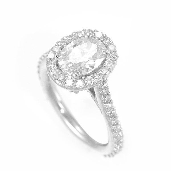Halo Oval Shape CZ 14K White Gold Engagement Ring with Round Diamonds