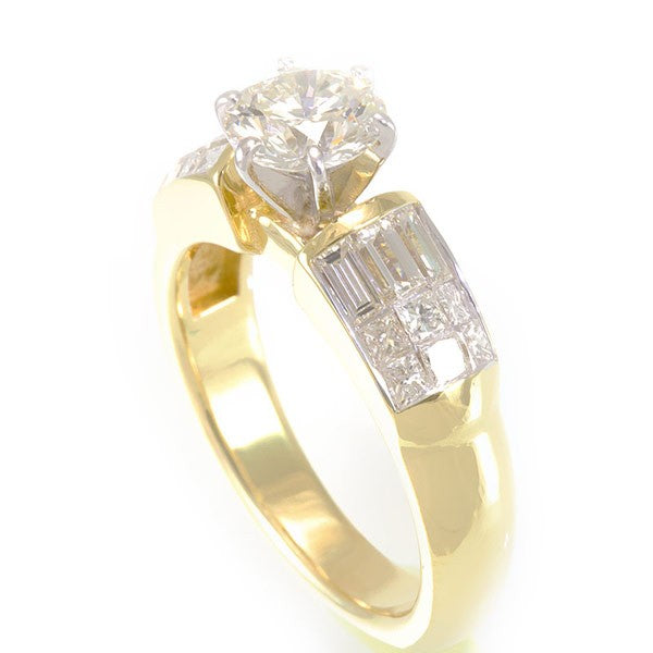 14K White Gold Engagement Ring with Baguette And Princess Cut Diamond Side Stones