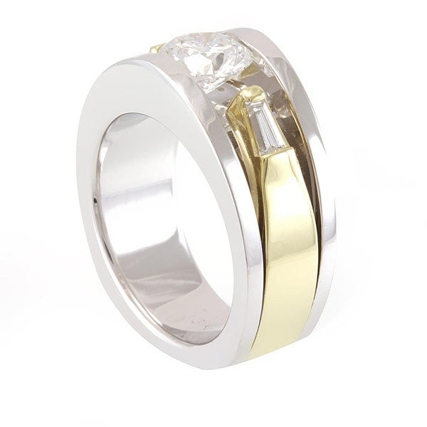 14k Two Tone Engagement Ring with Baguette Diamond Side Stones