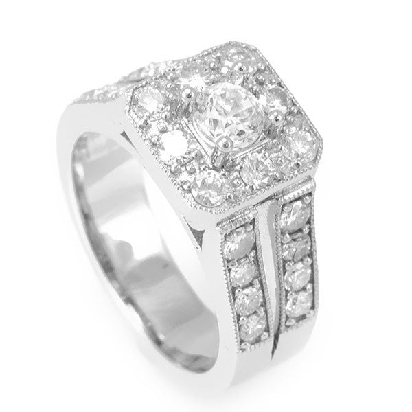 14K White Gold Engagement Ring with Pave Set Round Diamonds
