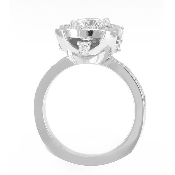 14K White Gold Engagement Ring with Pave Set Round Diamond Side Stones