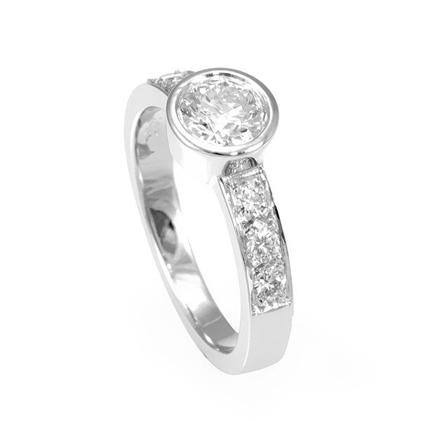Bezel Set Center CZ Engagement Ring with Round Diamond Side Stones