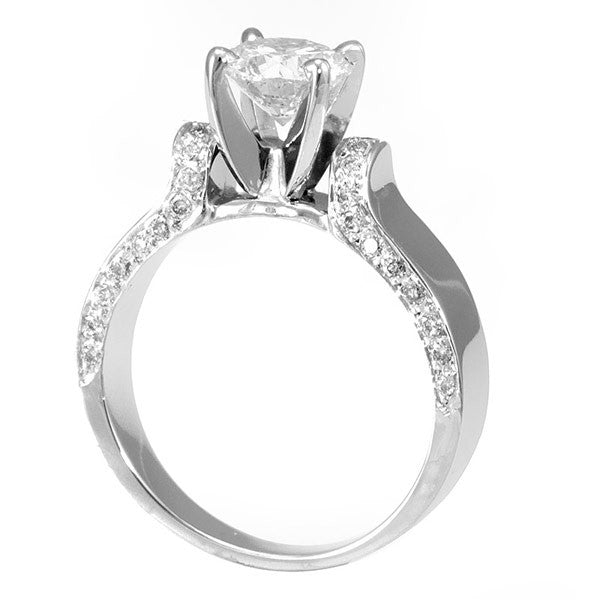 14K White Gold Engagement Ring with Pave Set Round Diamond Side Stones