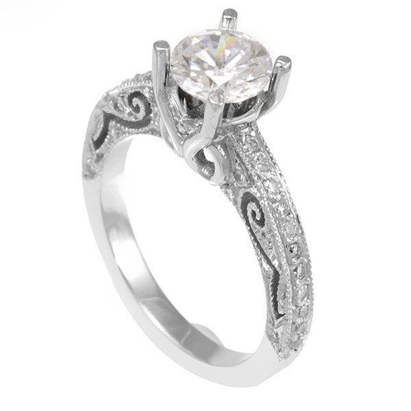 14K White Gold Engagement Ring with Pave Set Round Diamond Side Stones