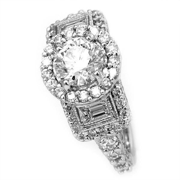 Elegant 14K White Gold Engagement Ring with Round and Baguette Diamonds