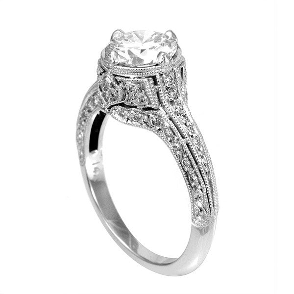 Engraved and Milgrain Design Engagement Ring in 14K White Gold