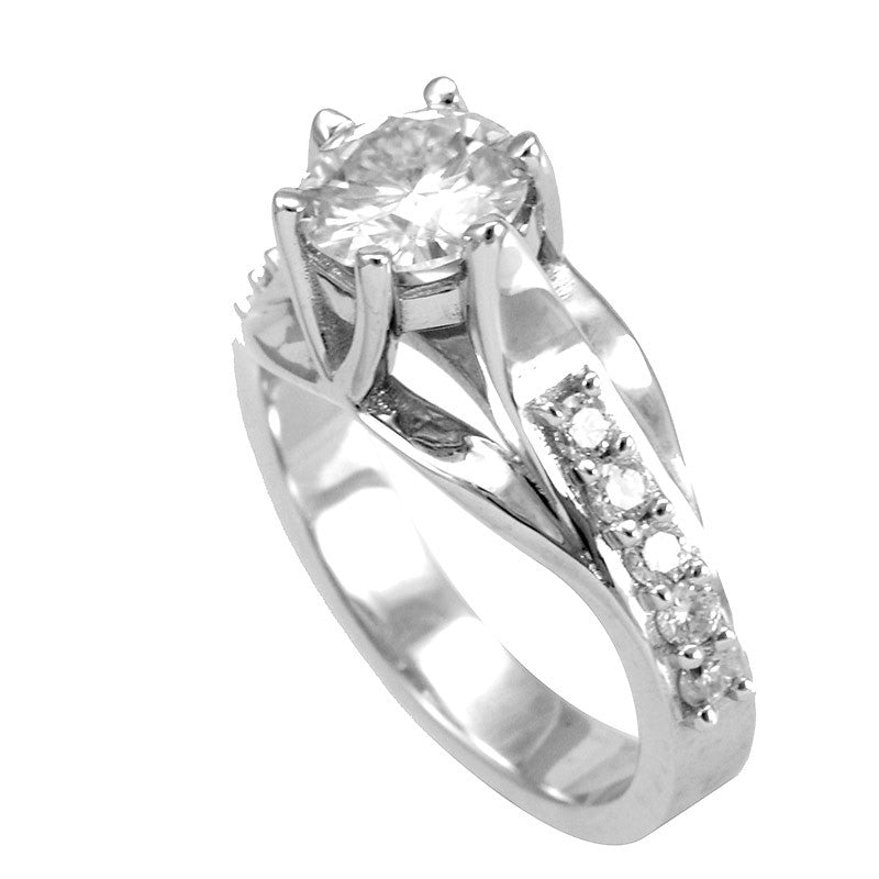 Unique Design Engagement Ring with Prong Set Round Diamond Side Stones