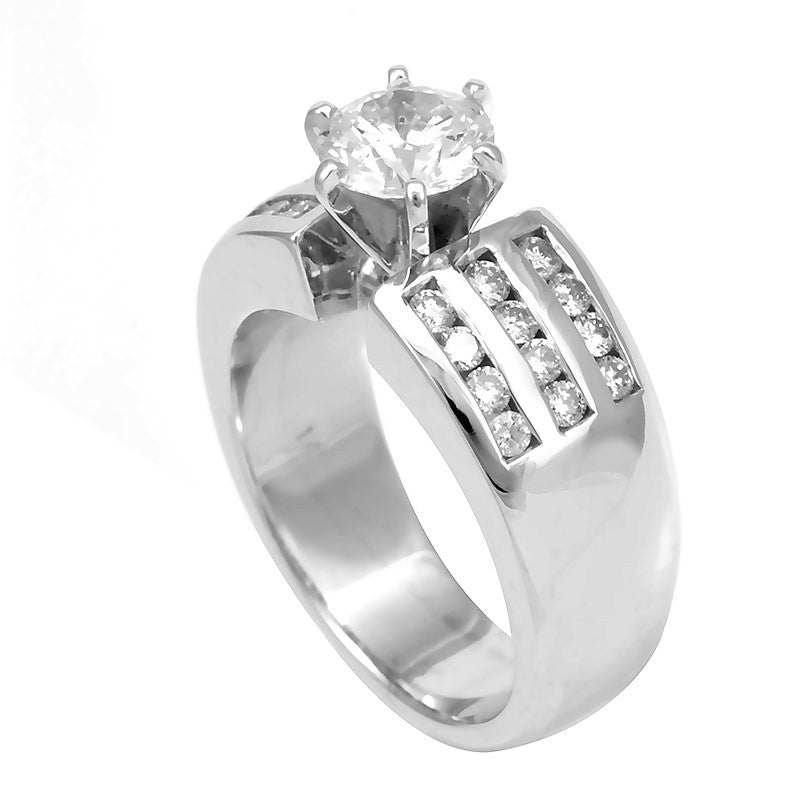14K White Gold Engagement Ring with Channel Set Round Diamond Side Stones
