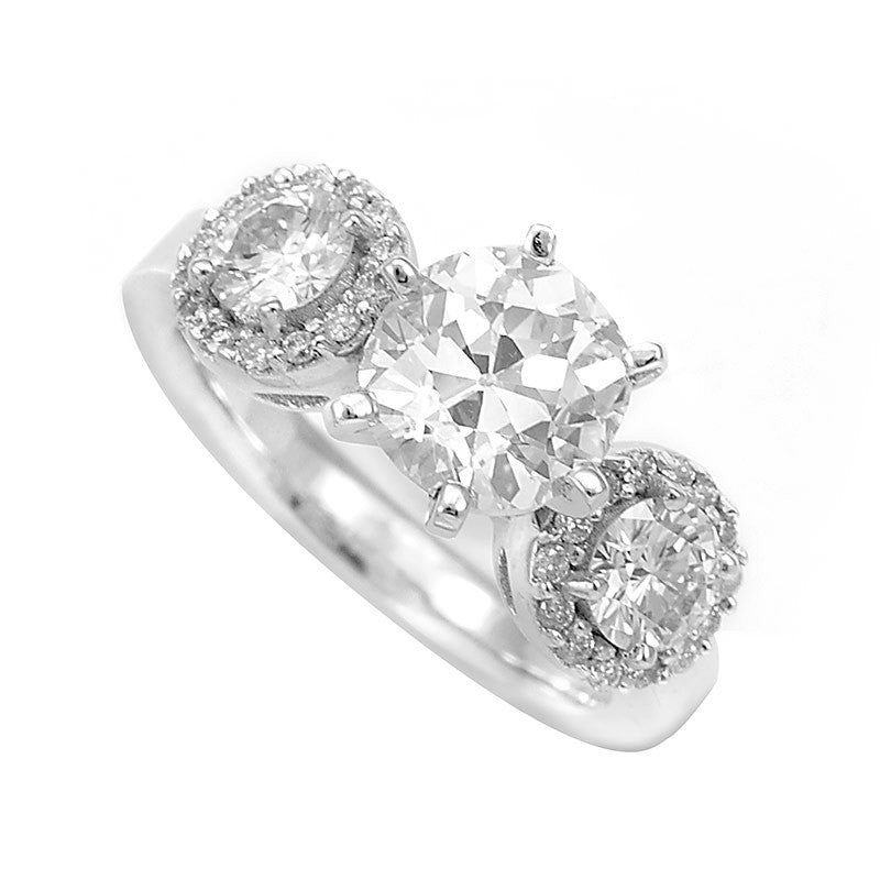 3 Stone Engagement Ring In 14k White Gold With Halo Round Diamond