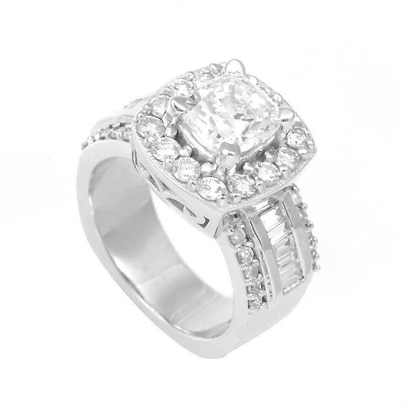 Elegant 14K White Gold Engagement Ring with Round and Baguette Diamonds