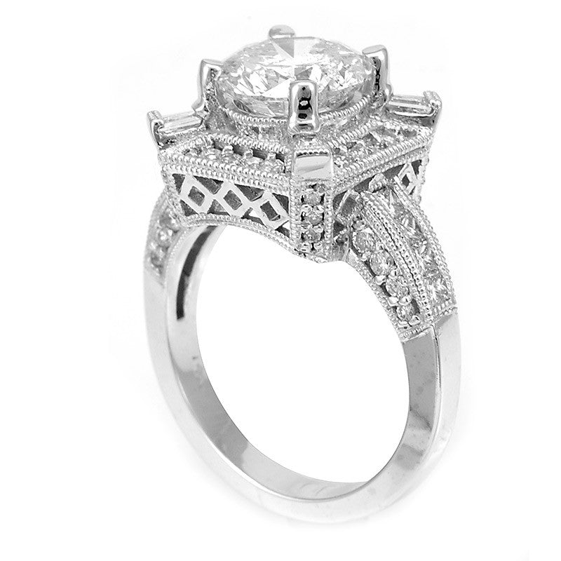 Elegant 14K White Gold Engagement Ring with Round, Baguette and Princess Cut Diamonds