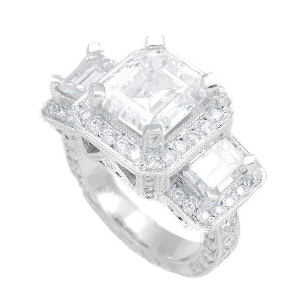 3 EM Stones Engagement Ring in 14K White Gold