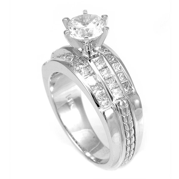 14K White Gold Engagement Ring with Princess Cut Diamond Side Stones