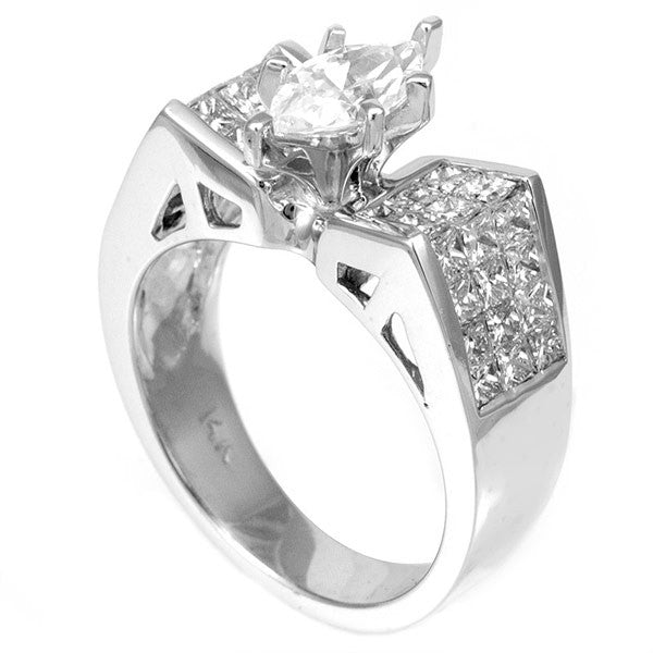 3 Row Princess Cut Diamond Engagement Ring in 14K White Gold with Marquise Shape CZ