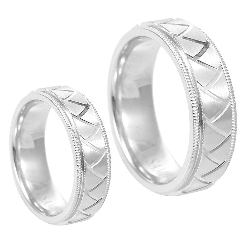 Men's 14K White Gold Comfort Fit Band with Milgrain and Carved Triangle Design