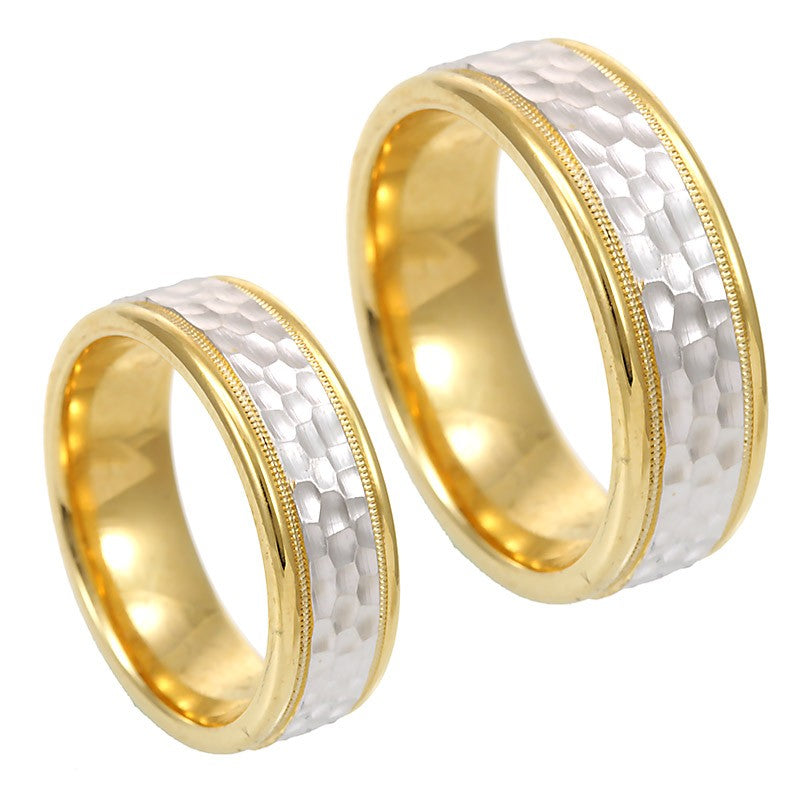 Men's 14K Two Tone Comfort Fit Band with Milgrain and Hammered Design