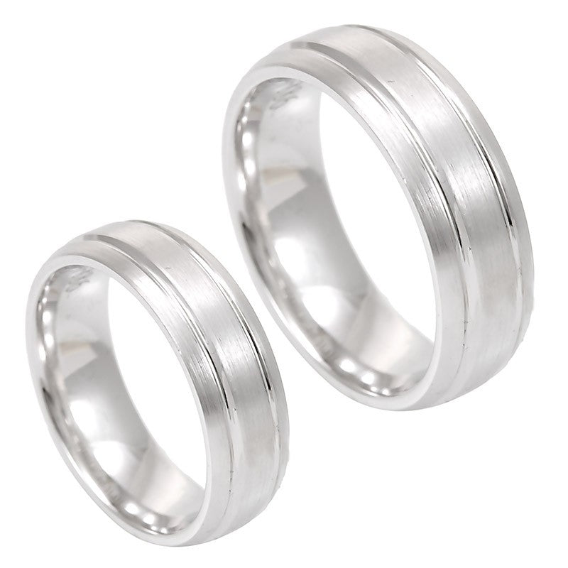 Men's Shiny 14K White Gold Rounded Comfort Fit Band with 2 deep engraved lines