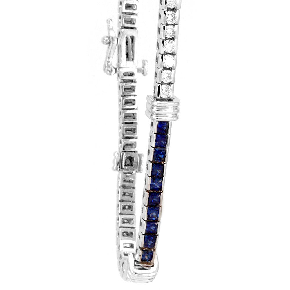 Tennis Bracelet with Princess Cut Diamonds and Blue Sapphires in 14K White Gold