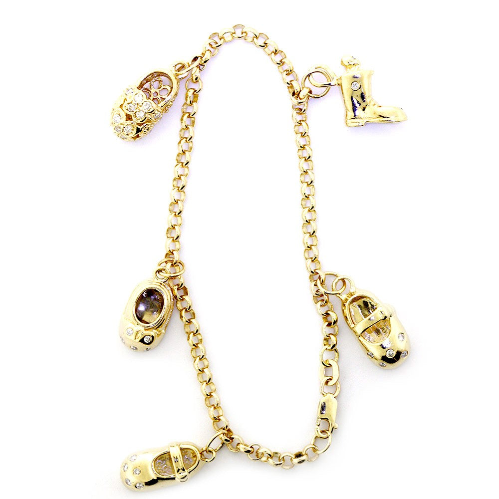 Baby Shoes Charms with Diamonds in 14K Yellow Gold Bracelet